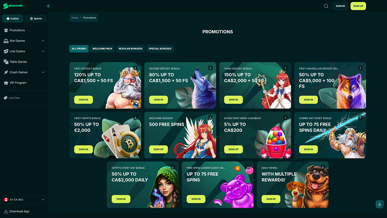 Spinaconda Casino — Promotions page