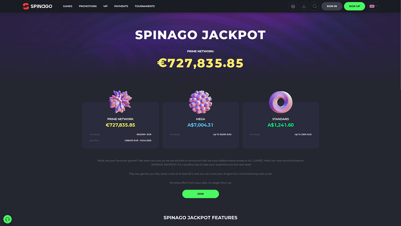 Spinago Casino — Jackpot games