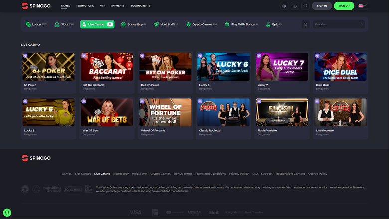 Spinago Casino — Live dealer lobby