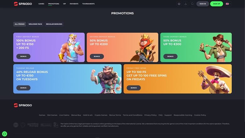 Spinago Casino — Promotions page