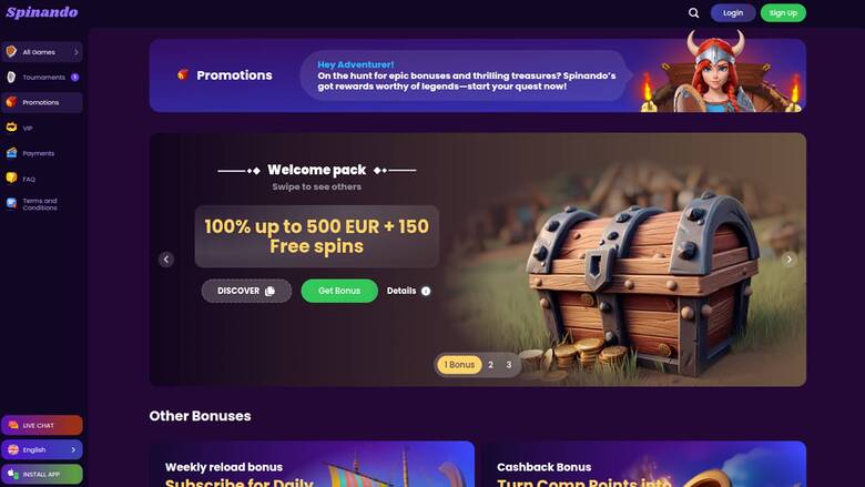 Spinando Casino — Promotions page