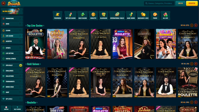 Spinanga Casino — Live dealer lobby