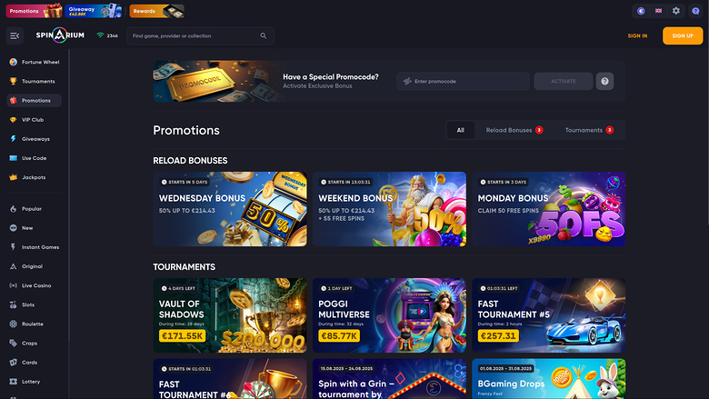 Spinarium Casino — Promotions page