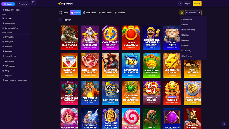SpinBet Casino — Games by studio