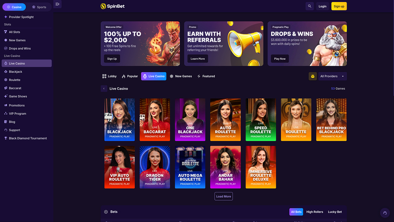 SpinBet Casino — Live dealer lobby