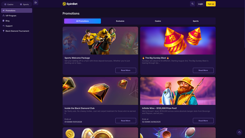 SpinBet Casino — Promotions page