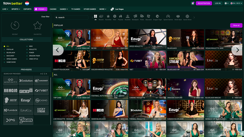 SpinBetter Casino — Live dealer lobby