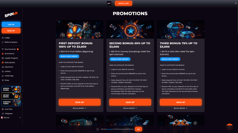 Spinch — Promotions page