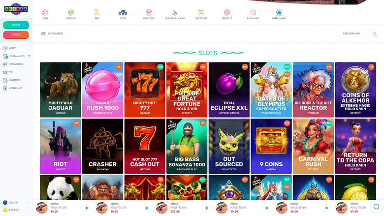 Spinia Casino — Games lobby