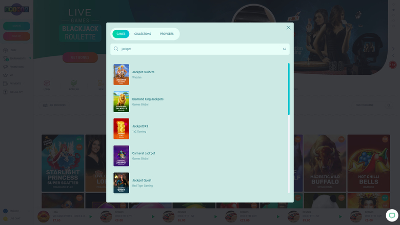 Spinia Casino — Jackpot games