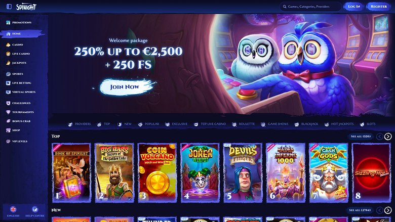 A Spinight online casino lobby screen showing a welcome bonus hero banner and rows of game tiles.