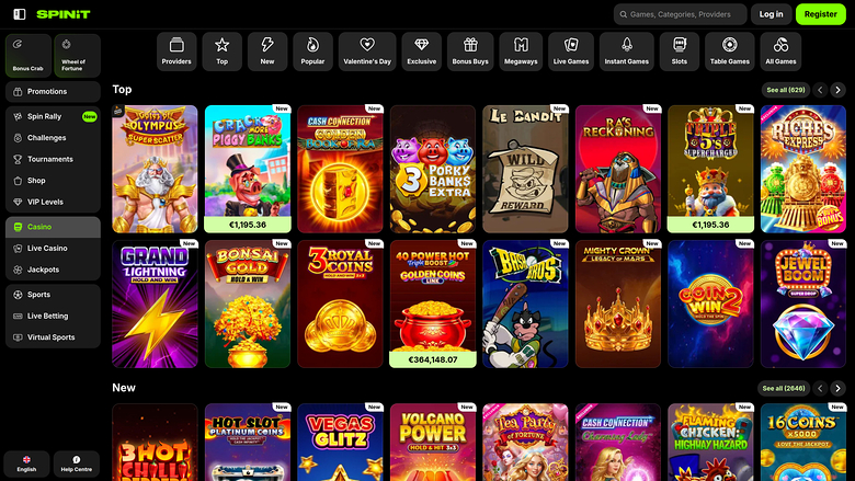 An online casino lobby screen for SpinIt showing a top navigation bar, a left sidebar menu, and rows of game tiles under Top and New sections.