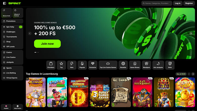 A Spinit online casino homepage showing a welcome bonus hero banner and a row of game tiles under a 'Top Games in Luxembourg' heading.