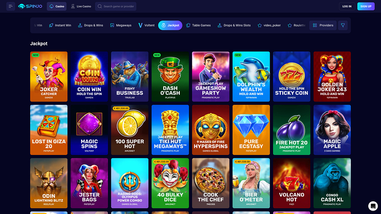Spinjo Casino — Jackpot games