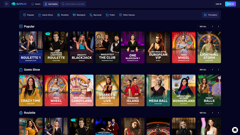 Spinjo Casino — Live dealer lobby