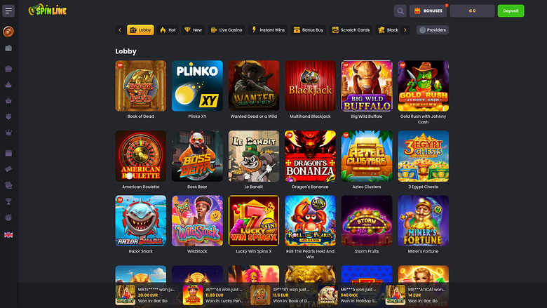 A SpinLine online casino lobby page displays a grid of game tiles under a Lobby heading with category tabs above.