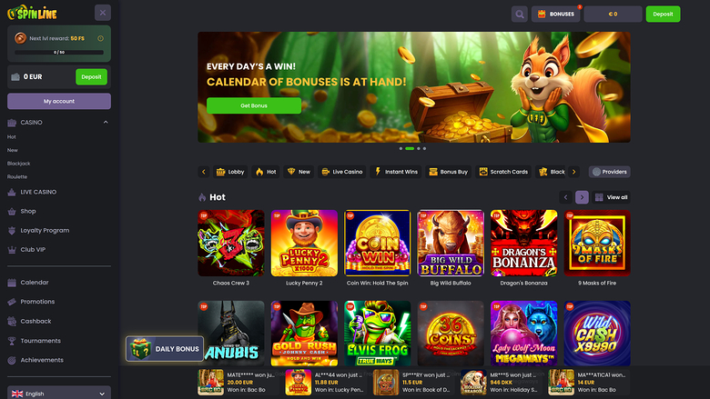 An online casino lobby screen showing a promotional bonus banner, a left sidebar menu and rows of game tiles.