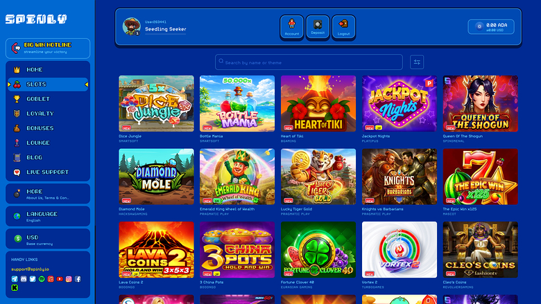 An online casino lobby screen showing a left sidebar menu and a grid of game tiles under a search bar.