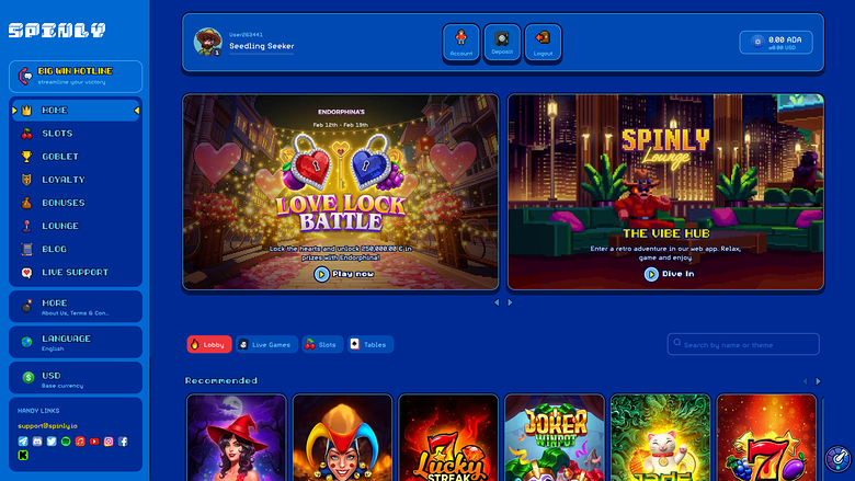 A Spinly online casino lobby screen showing a logged-in user, two promotional banners, category tabs and a row of recommended game tiles.