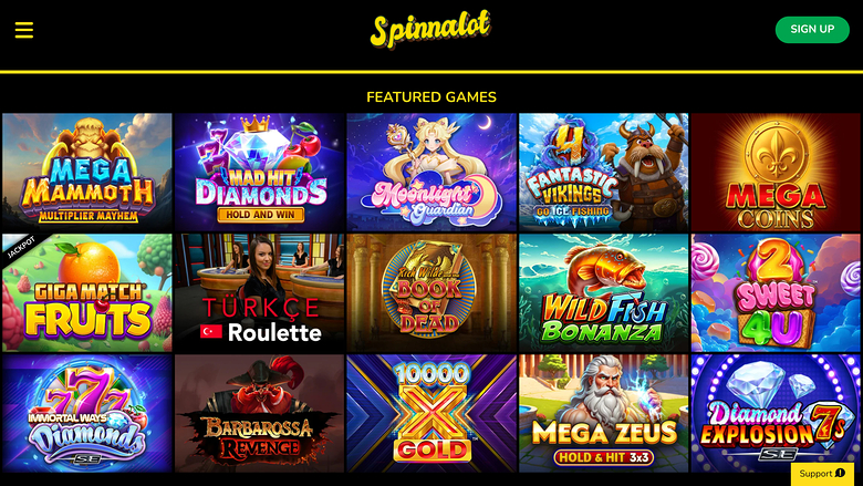 An online casino lobby screen for Spinnalot showing a grid of featured game tiles under a black header.