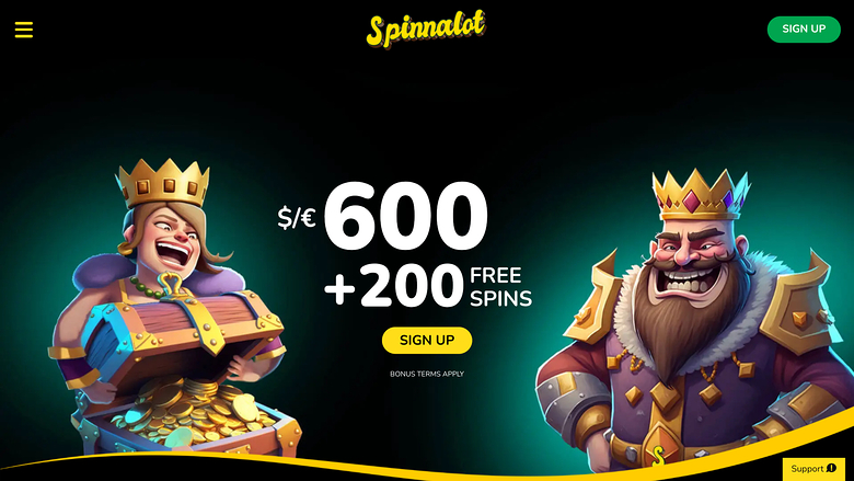 A Spinnolot casino landing page showing a €/$600 plus 200 free spins welcome offer flanked by two cartoon royal characters.