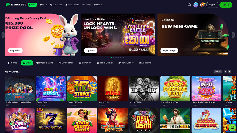 A Spinoloco online casino homepage showing a promotional hero carousel above a lobby navigation bar and a grid of new game tiles.
