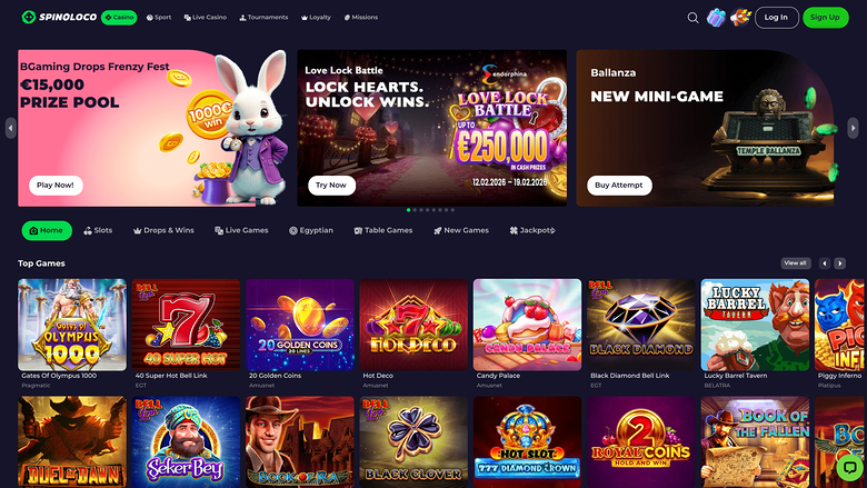 A Spinoloco online casino homepage showing a promotional hero carousel above a Top Games grid of game tiles.