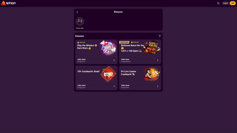 SpinPin Casino — Promotions page