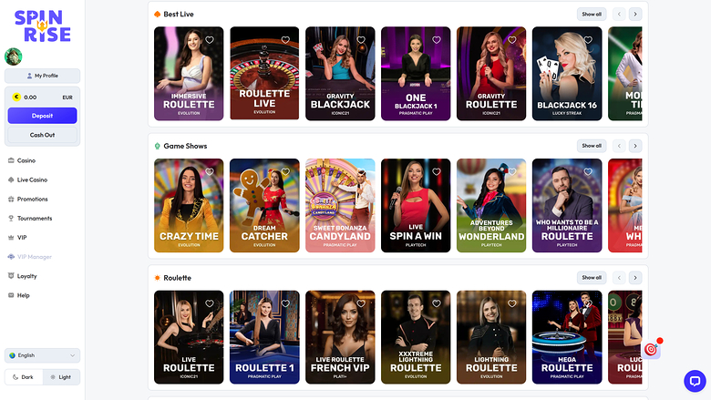 Spinrise Casino — Live dealer lobby