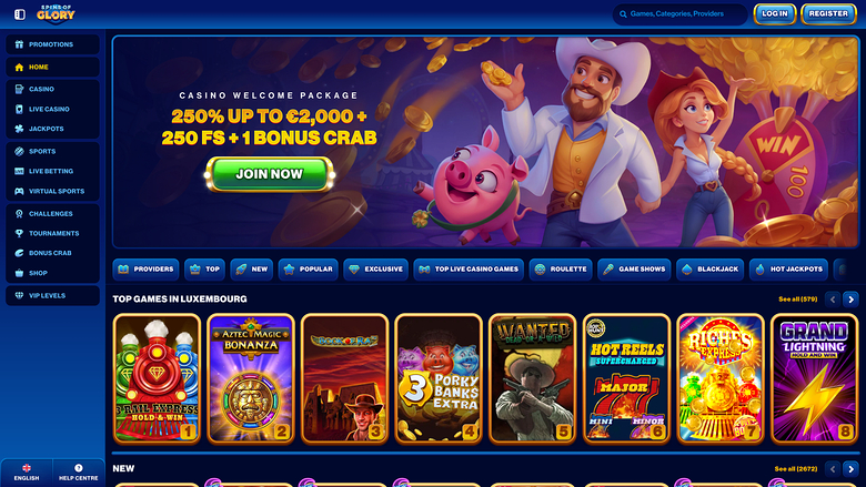 A casino lobby screen for 'Spins of Glory' showing a welcome bonus hero banner and a row of game tiles.