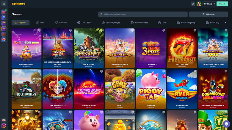 A casino lobby screen titled Games showing a grid of game tiles with a top bar, category tabs and a search field.