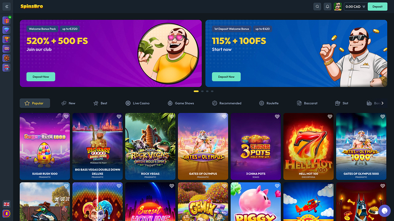 A SpinBro casino lobby screen showing two welcome bonus banners above a grid of game tiles with category tabs.