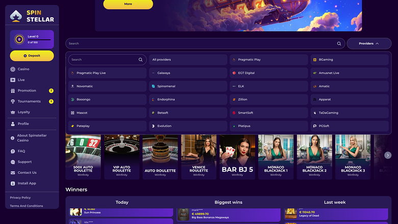 Spinstellar Casino — Games by studio