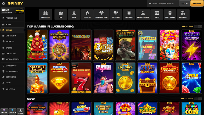 A Spinsy online casino lobby page showing a top games grid for Luxembourg with a left sidebar menu and a top navigation bar.