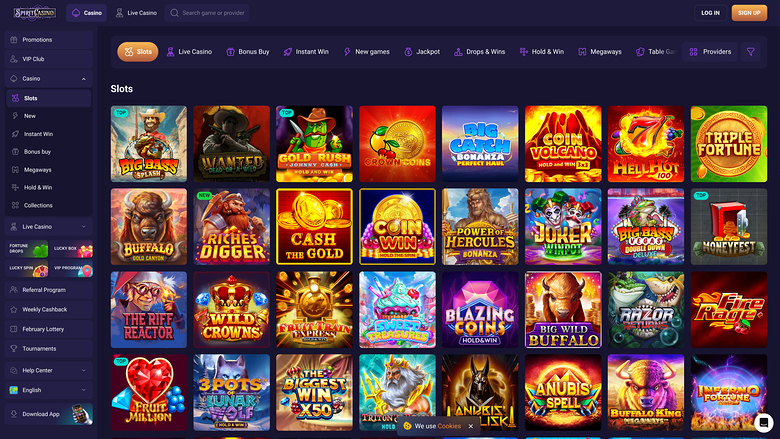 A casino lobby screen showing a grid of slot game tiles under a 'Slots' heading with a left sidebar menu and top navigation bar.