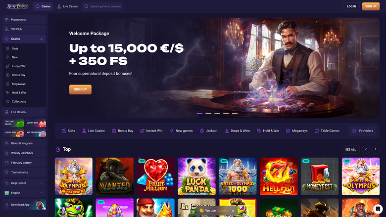 A dark-themed online casino lobby shows a welcome bonus hero banner above a Top games grid, with a left sidebar of lobby categories and a top bar with login and