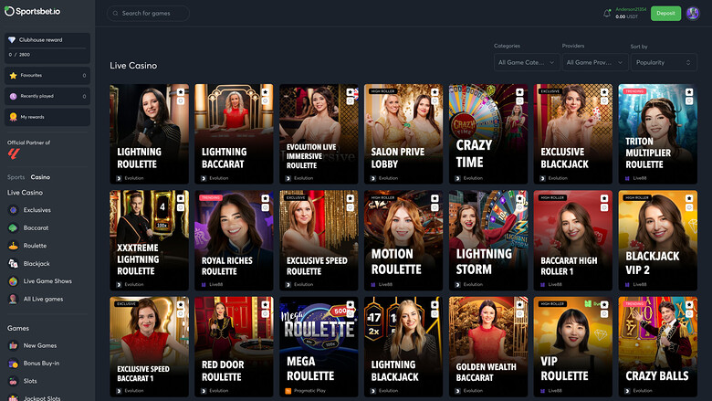 Sportsbet.io — Live dealer lobby