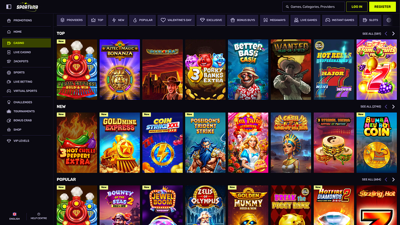 A casino lobby screen showing rows of game tiles under TOP, NEW and POPULAR headings with a left sidebar menu and top navigation bar.