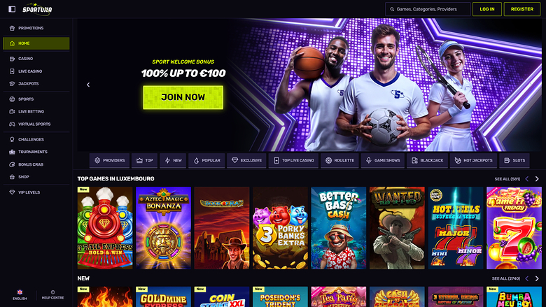 A desktop online casino homepage for Sportingbet showing a sports-themed welcome bonus hero and rows of game tiles.