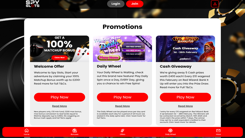 Spy Slots — Promotions page