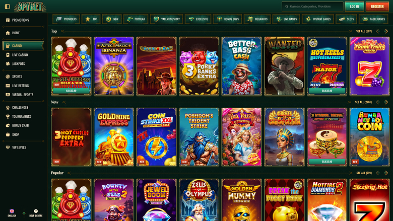 An online casino lobby screen showing rows of game tiles under Top, New and Popular headings with a left sidebar menu.