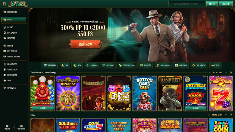 A Spibet online casino lobby page showing a detective-themed welcome bonus banner and rows of game tiles.