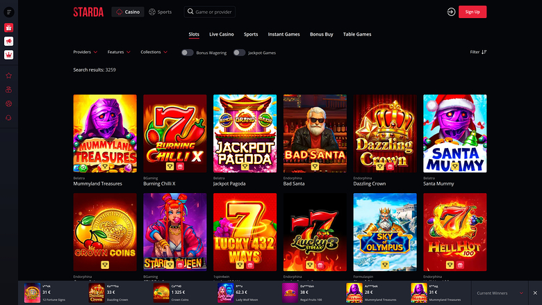 A casino lobby screen on the Starda site showing a grid of game tiles under the heading 'Search results: 3259'.