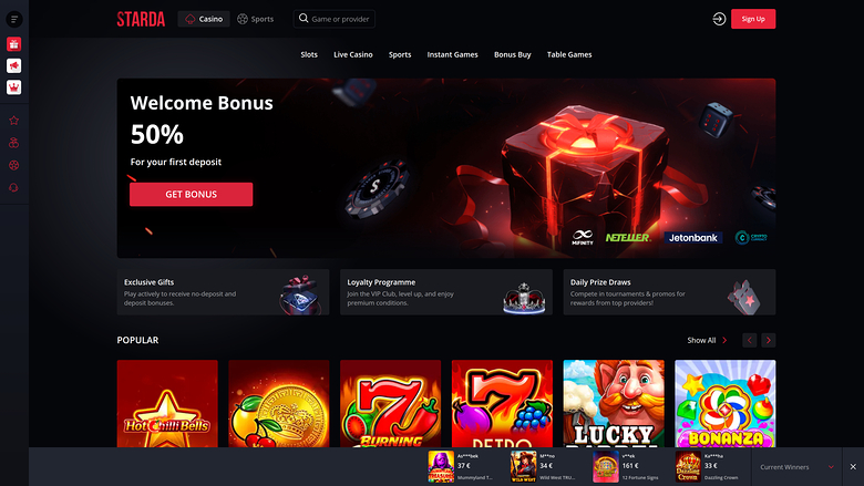 A casino homepage with a welcome bonus hero banner, category tabs, promo cards and a Popular games row.