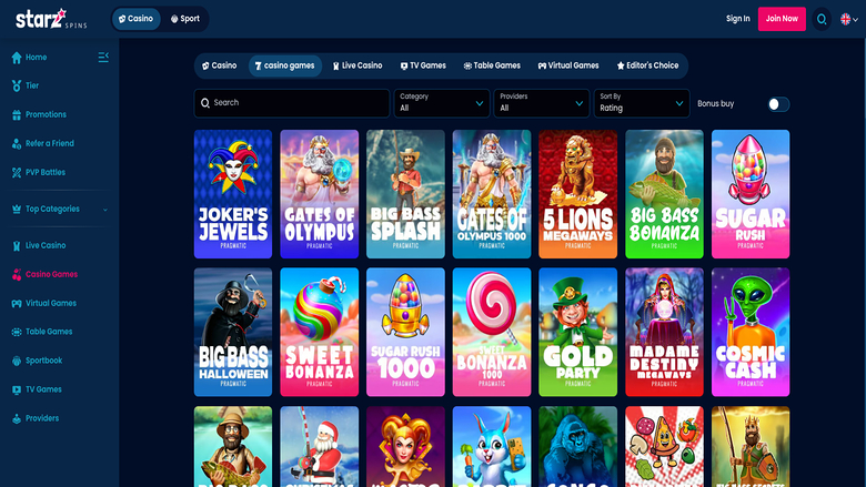 StarzSpins Casino — Games lobby
