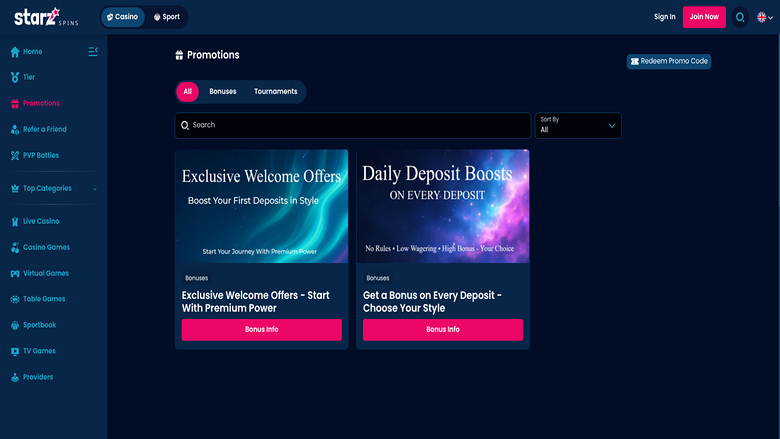 StarzSpins Casino — Promotions page