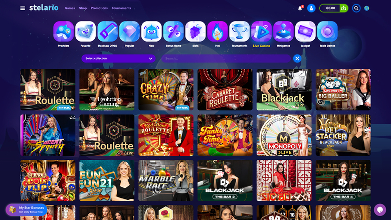 Stelario Casino — Live dealer lobby