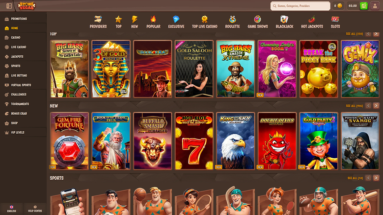 An online casino lobby screen showing a left sidebar menu, a top navigation bar, and rows of game tiles under TOP, NEW and SPORTS headings.