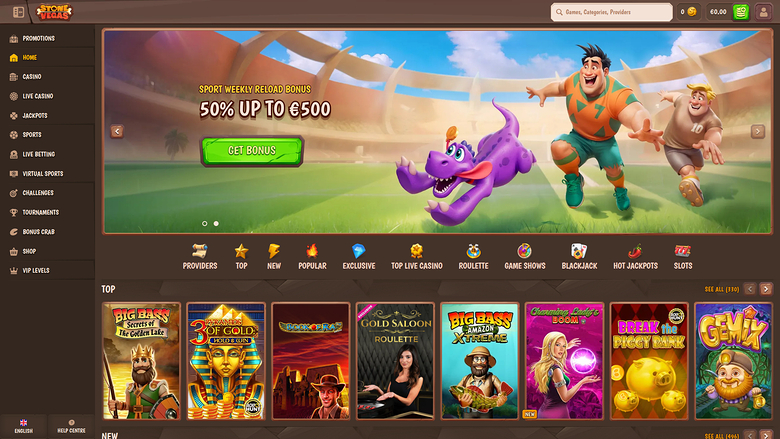 An online casino lobby screen showing a promotional banner, a row of game category icons and a 'TOP' row of game tiles.