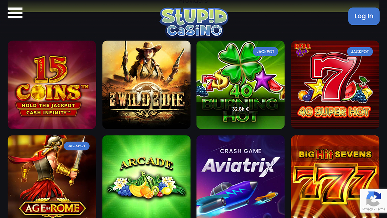 A casino lobby screen shows a grid of eight game tiles beneath a logo header and a Log In button.